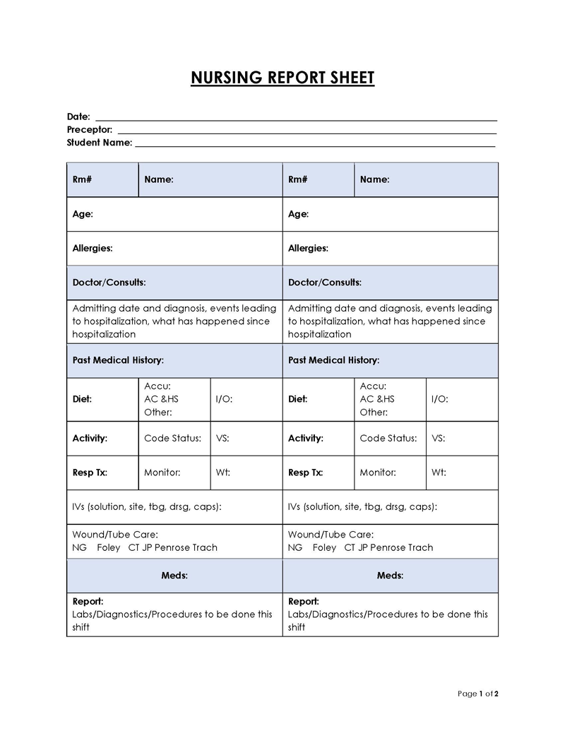 Free Nursing Report Sheet Template for Word
