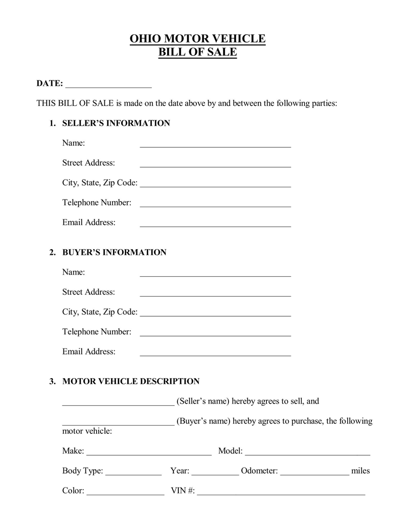 Free Ohio Vehicle Bill of Sale Form Template for Word and PDF