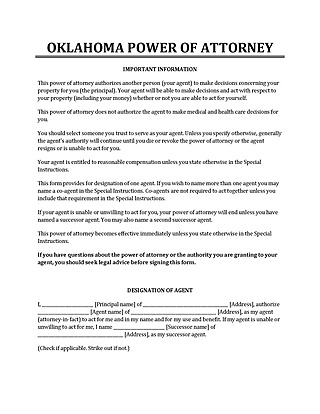 Free Oklahoma Power of Attorney Form Template for PDF and Word