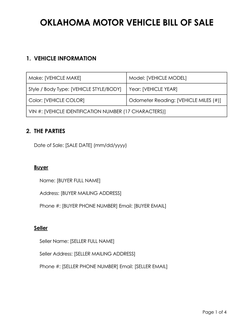 Free Oklahoma Vehicle Bill of Sale Form Template for Word and PDF