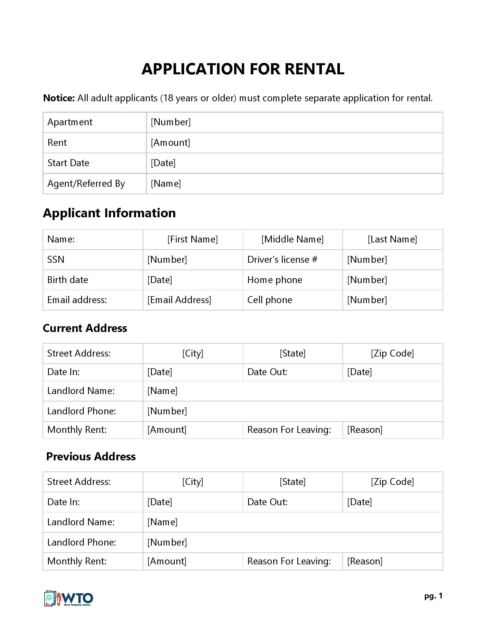 Free Blank Rental Application Form Template for Word