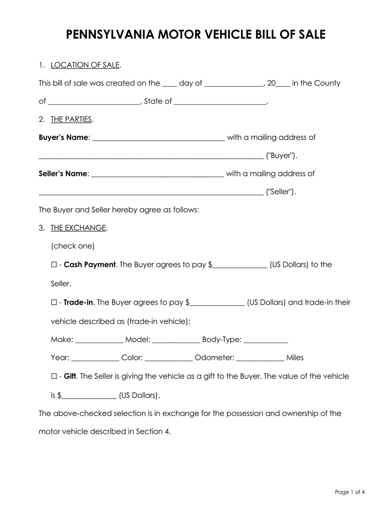 Free Pennsylvania Vehicle Bill of Sale Form Template for PDF and Word