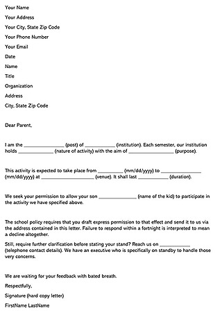Free Permission (Consent) Letter to Participate in School Activity for Word
