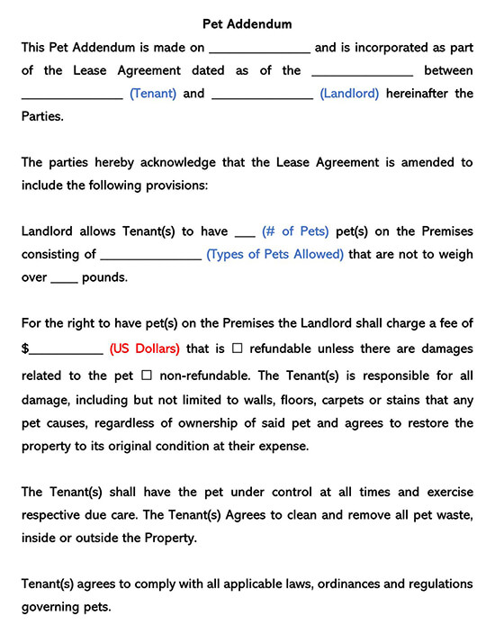 Free Pet Addendum to Lease Template for Word and PDF