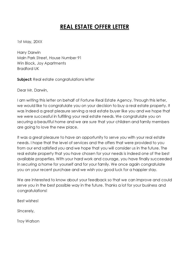 Free Real Estate Offer Letter Template for Word and PDF