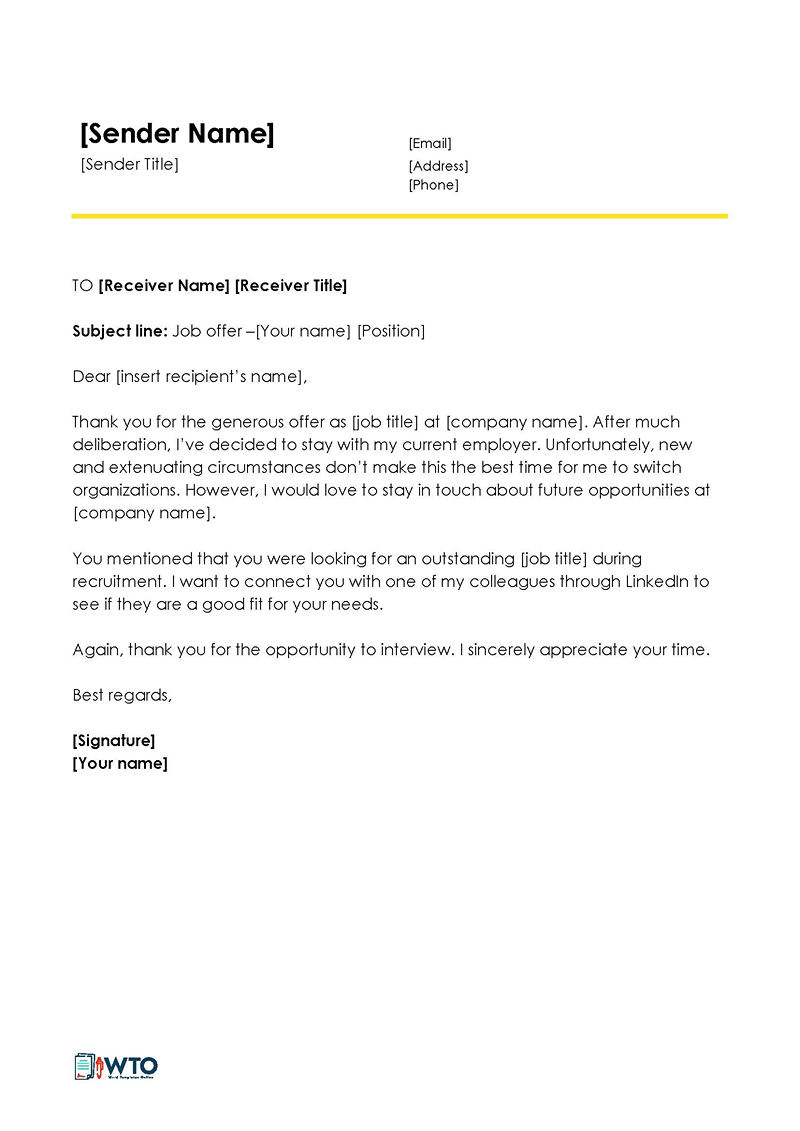 Free Formal Rejection Letter to Decline Job Offer for Word