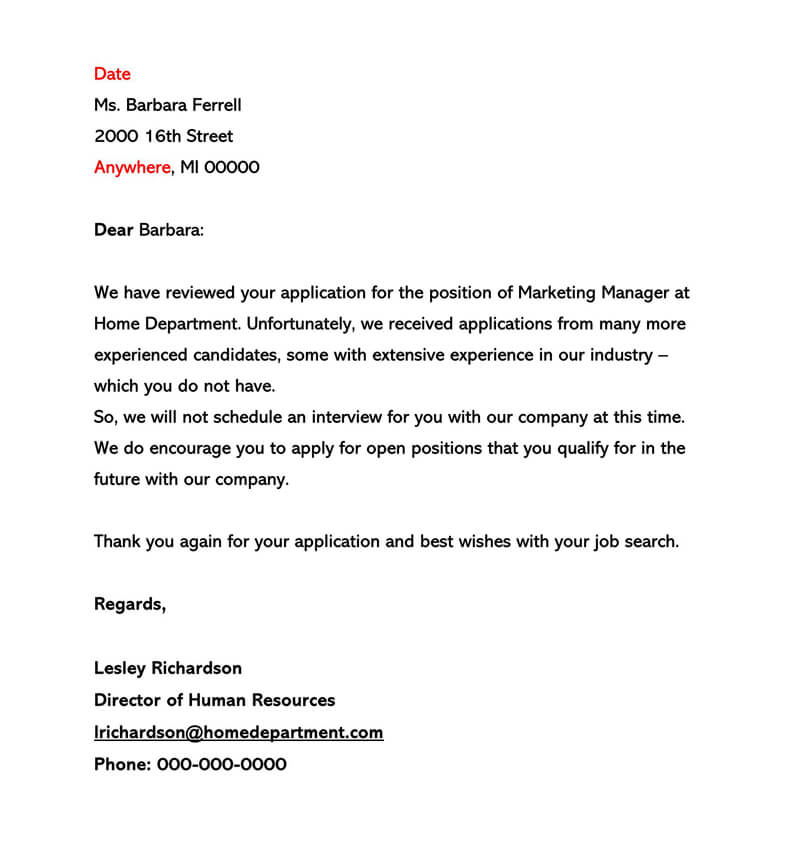 Free Rejection Letter Without an Interview Template for Word