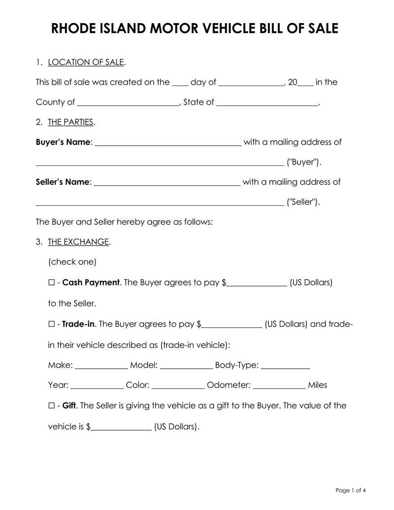 Free Rhode Island Vehicle Bill of Sale Form Template for Word and PDF