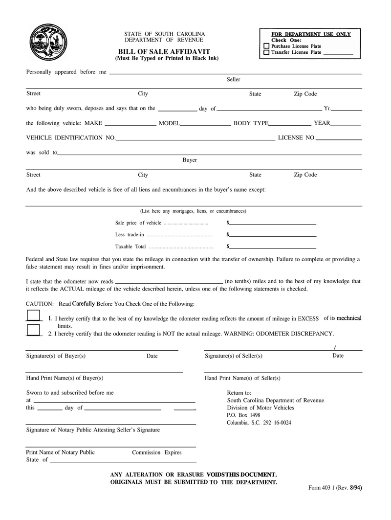 Free South Carolina (SC) Bill Of Sale Form Template for word and PDF