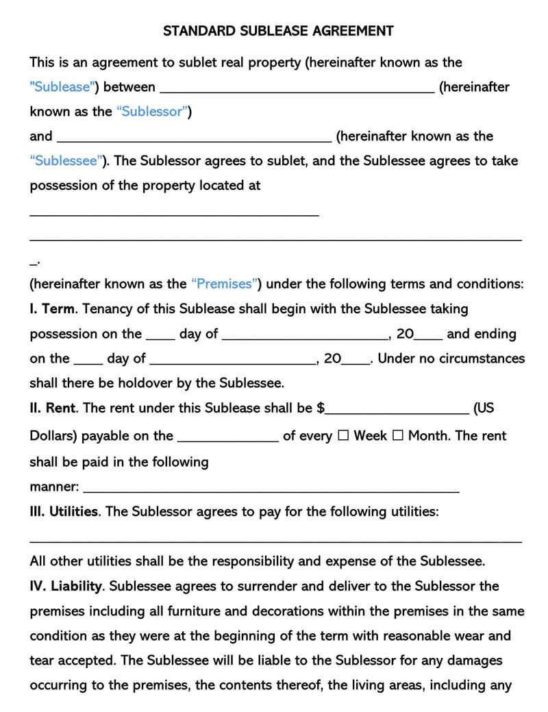 Free Sublease Agreement Template for Word