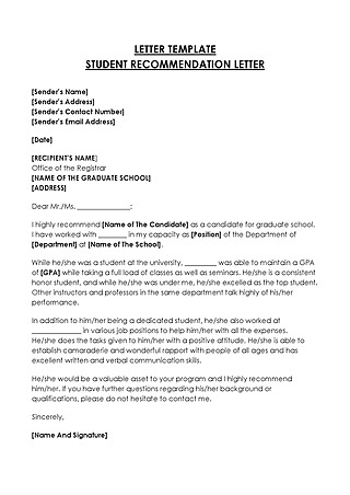 Free Letter of Recommendation for Student Template for Word and PDF
