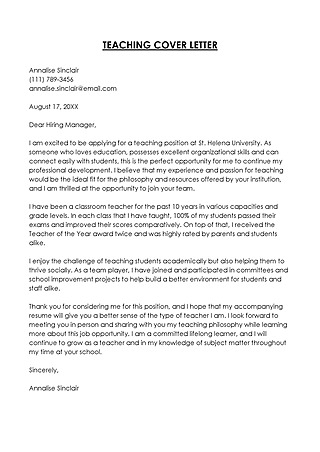 Free Teaching Cover Letter Template for Word and PDF