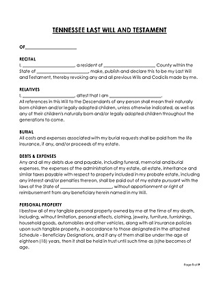 Free Tennessee Last Will and Testament Form Template for Word and PDF
