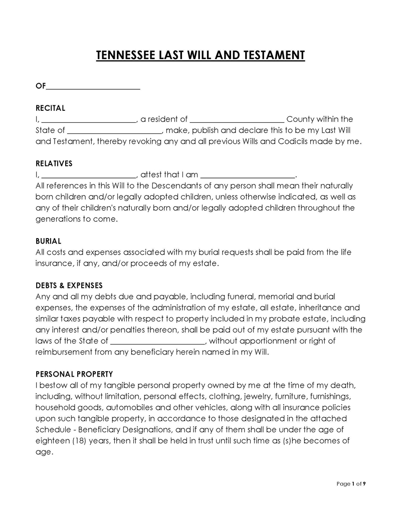 Free Tennessee Last Will and Testament Form Template for Word and PDF