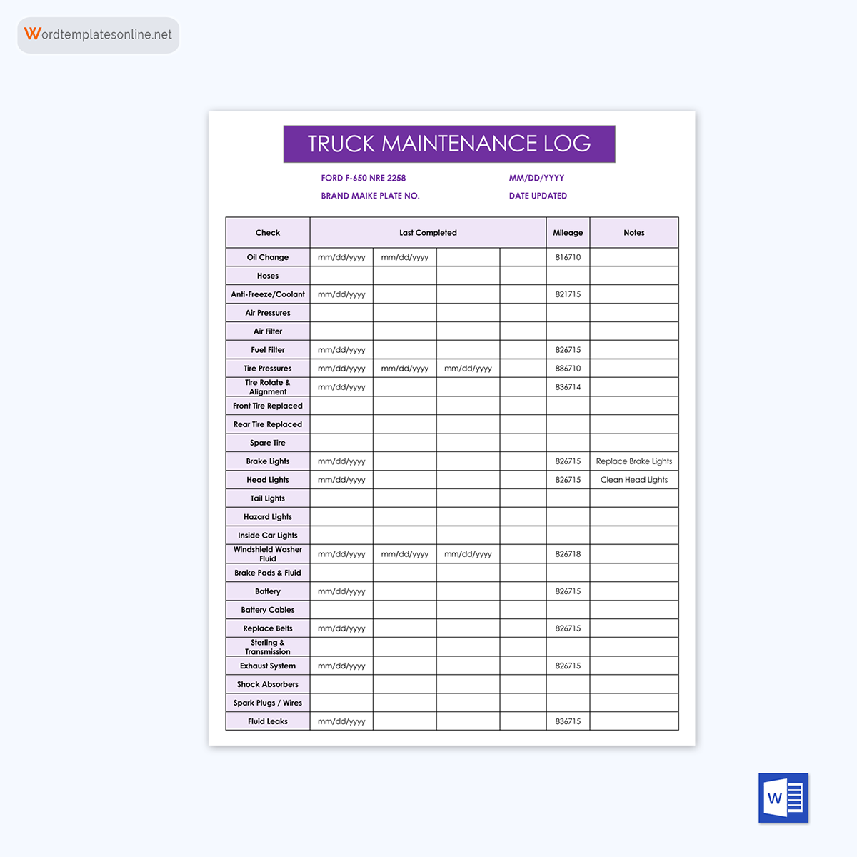 Free Vehicle Maintenance Log Template for Excel and Word