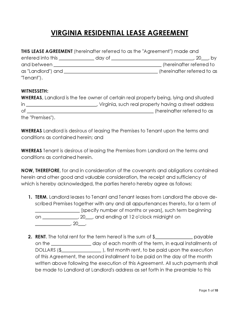 Free Virginia Lease Agreement Template for Word and PDF