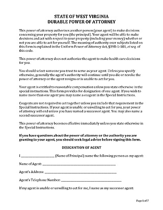 Free West Virginia Durable Power Of Attorney Form Template for Word and PDF