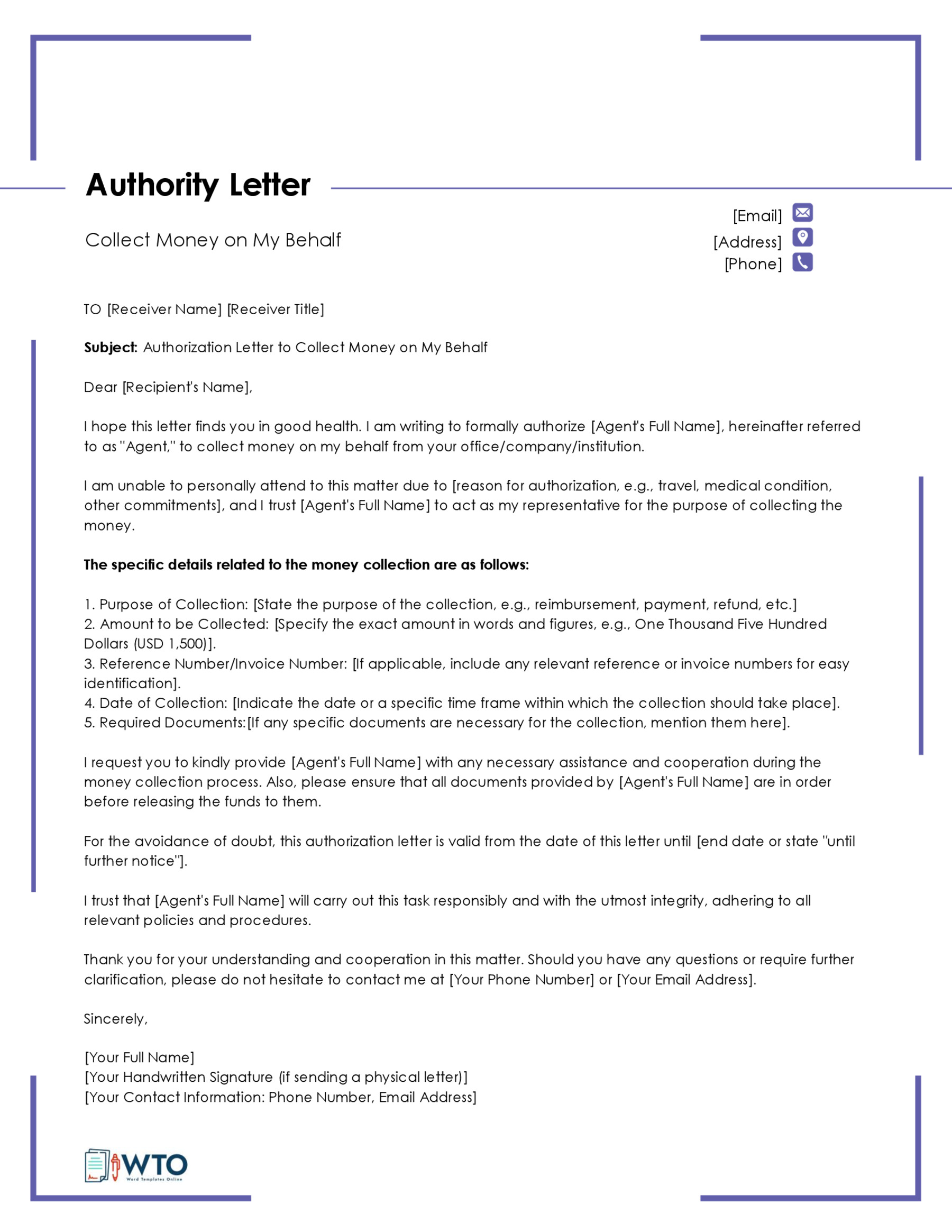Free Sample Authorization Letter to Collect Money on My Behalf for Word and PDF