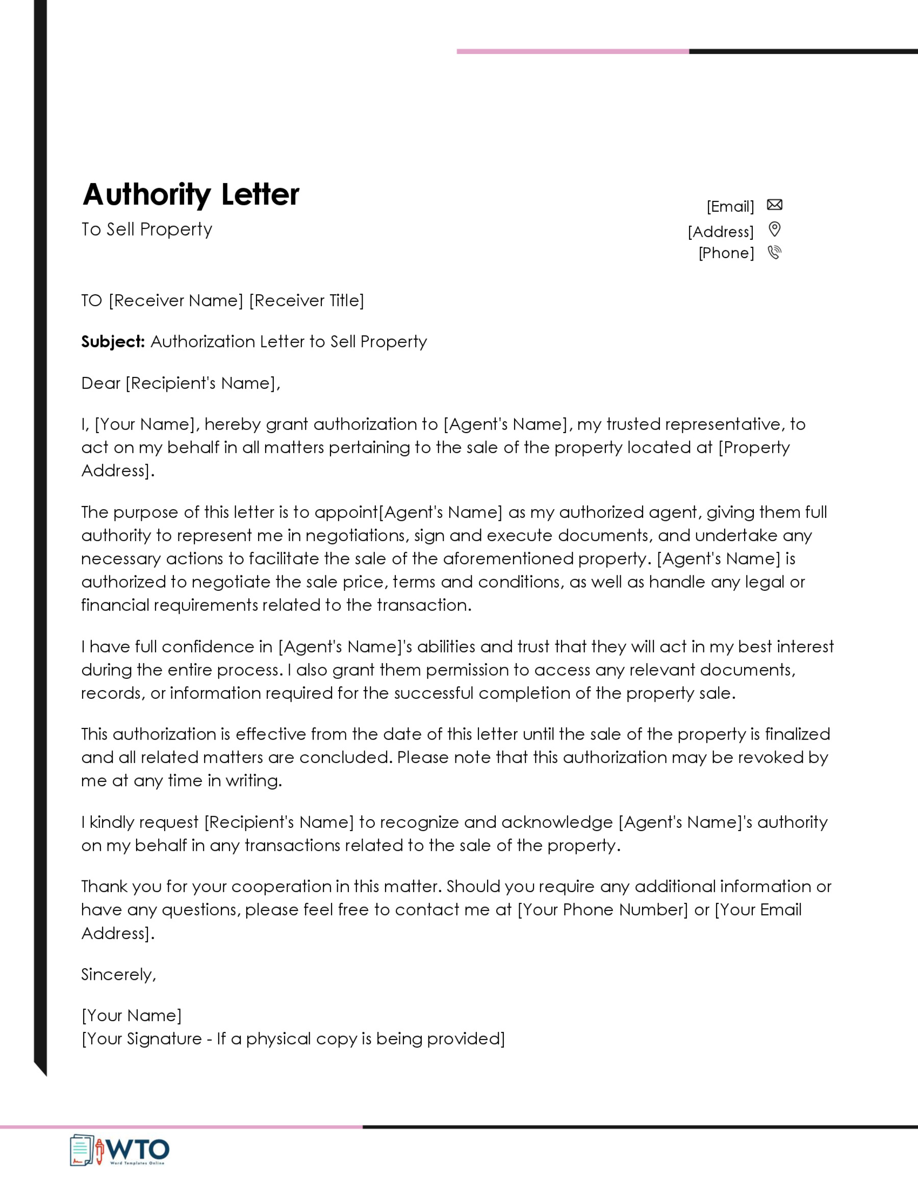 Free Authorization Letter to Sell Property Template for Word