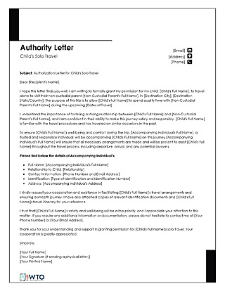 Free Authorization Letter for a Child to Travel Alone for Word
