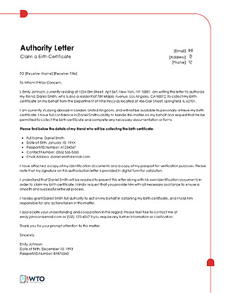 Free Sample Authorization Letter for Claiming Birth Certificate in Word and PDF