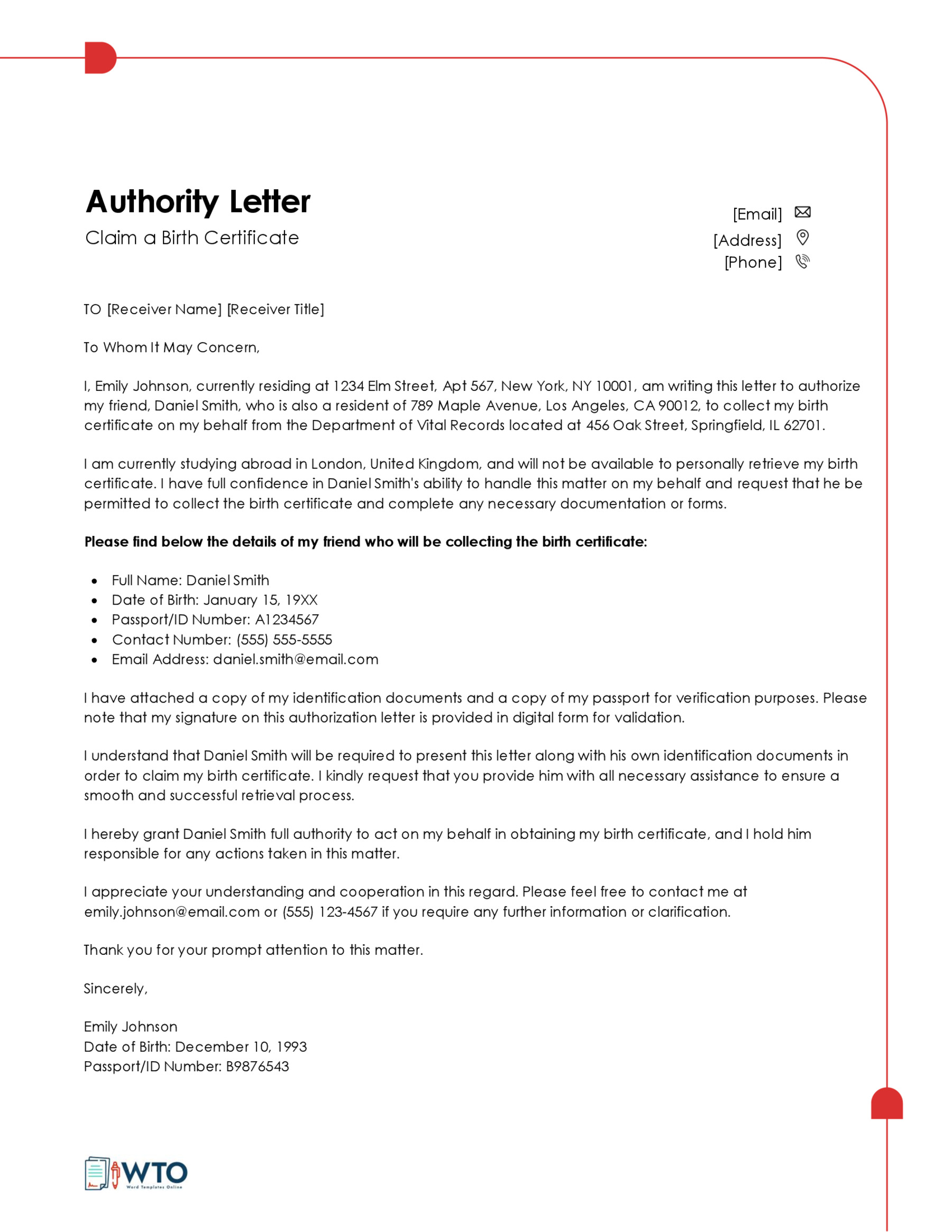 Free Sample Authorization Letter for Claiming Birth Certificate in Word and PDF
