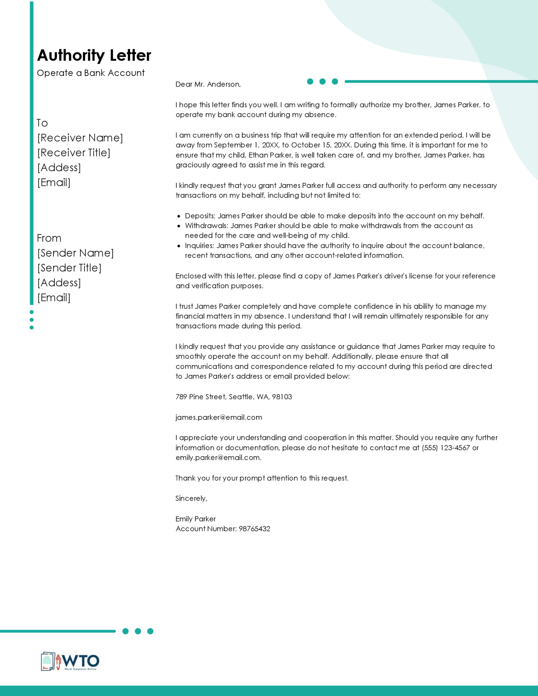 Free Authorization Letter to Operate Bank Account for Word and PDF