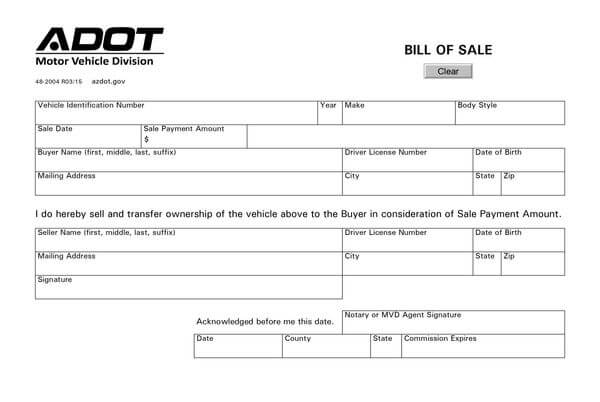 Free Arizona Vehicle Bill of Sale Template for Word