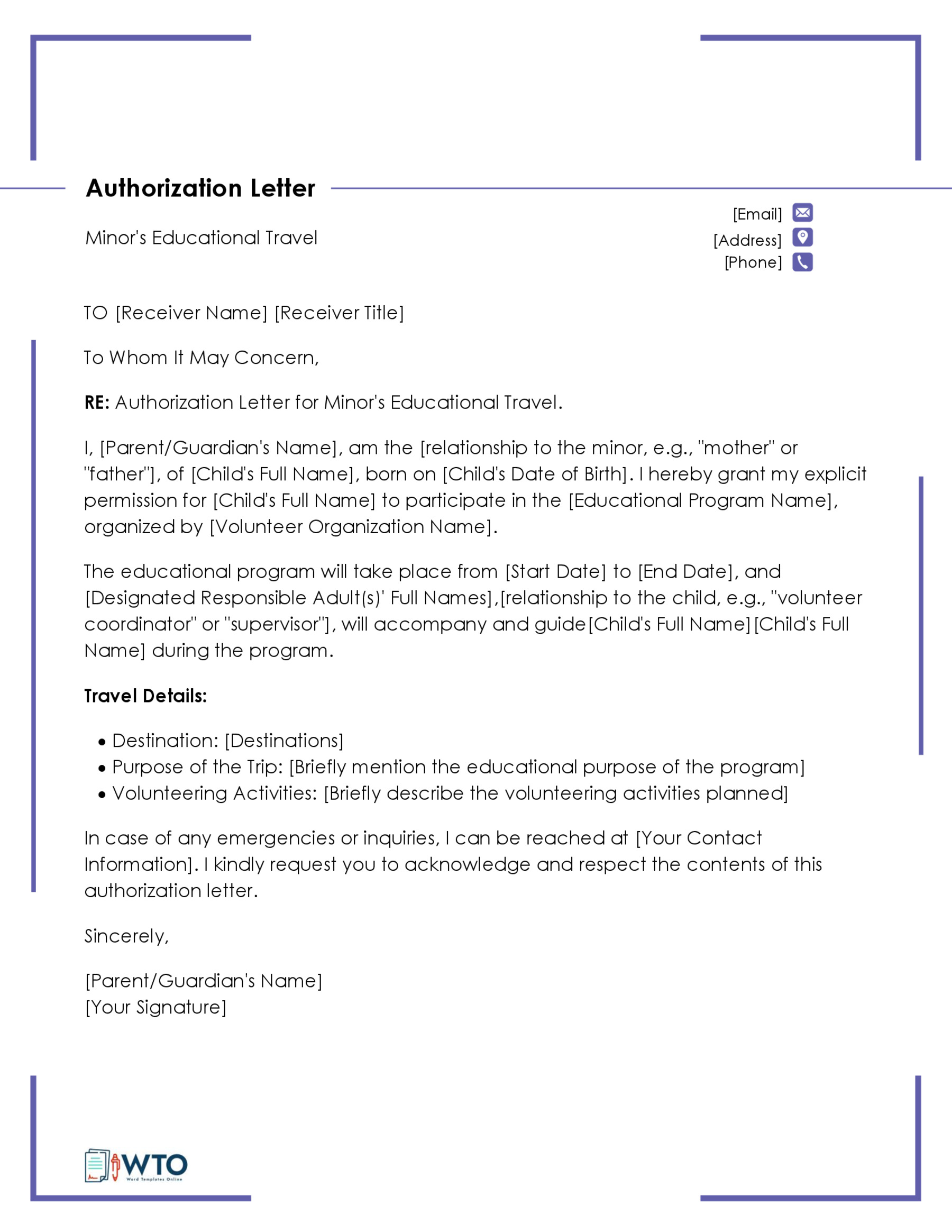 Free Authorization Letter to Travel with Minor Template for Word and PDF