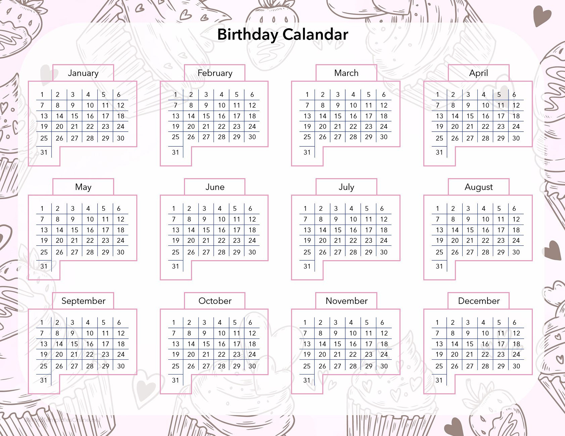 Download editable birthday calendar template in MS Word format.