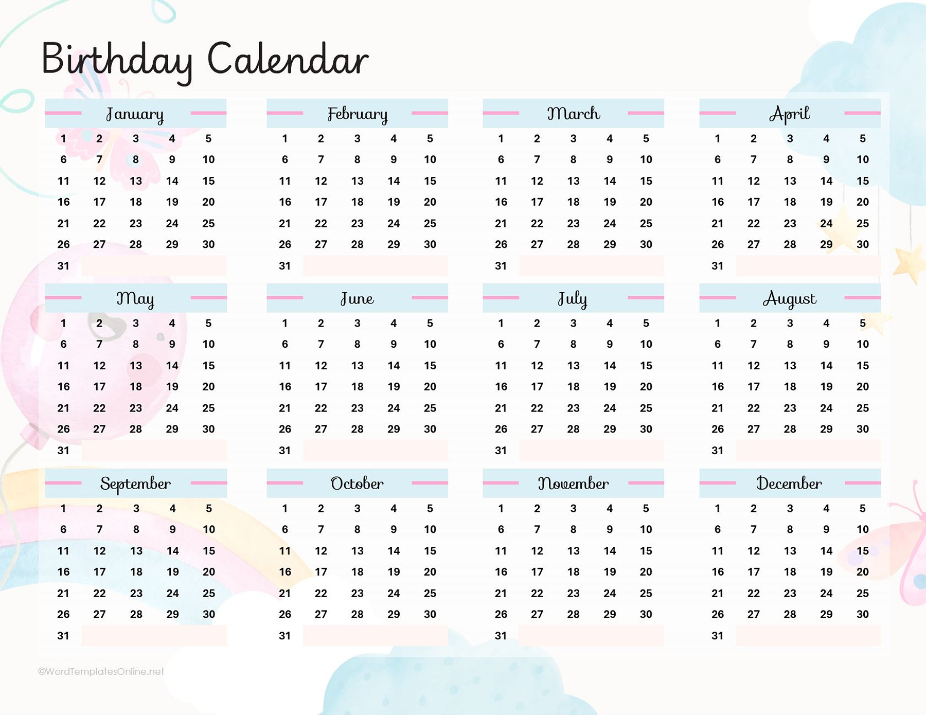 MS Word birthday calendar with colorful and customizable layout