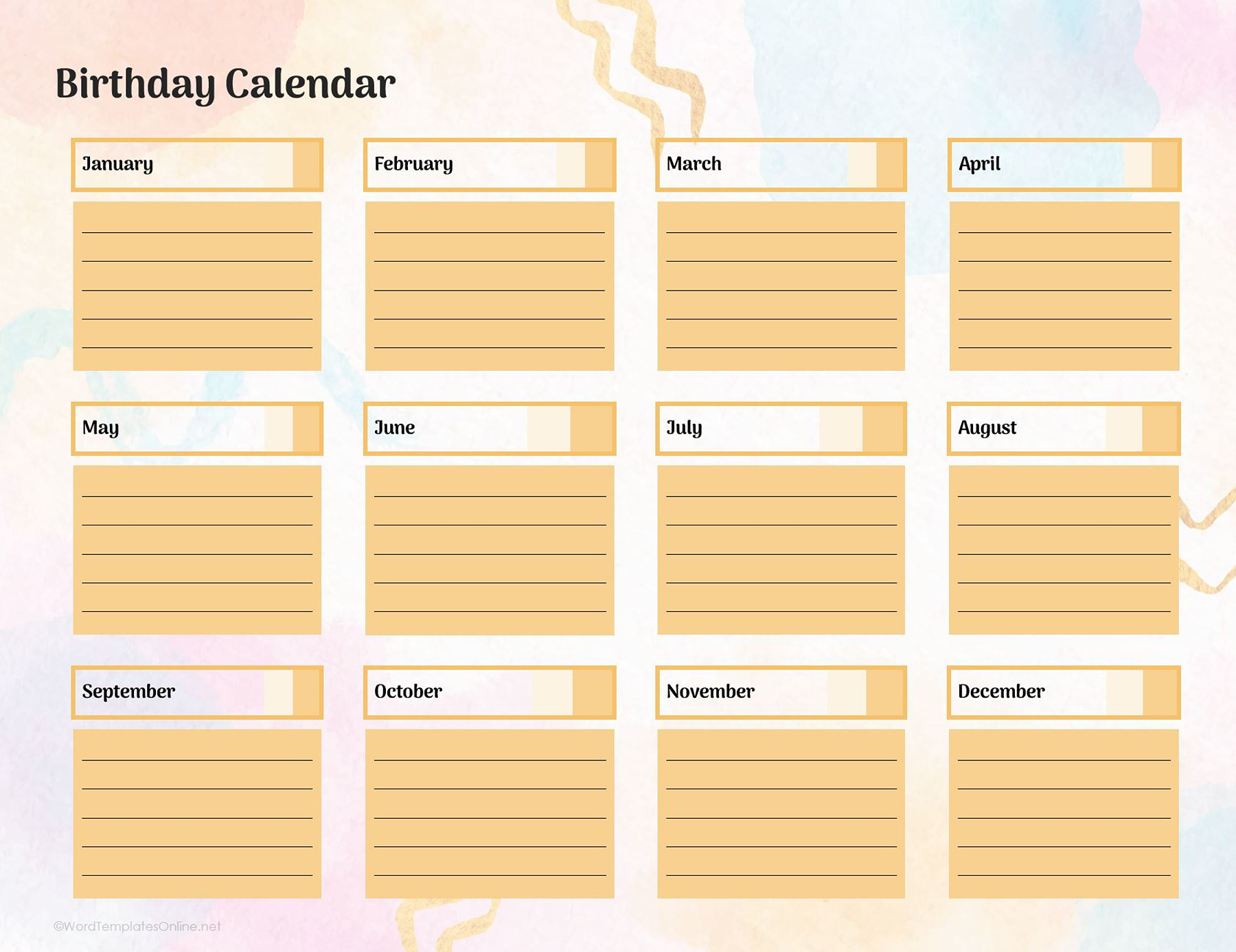 Track birthdays easily with this printable Word birthday calendar.