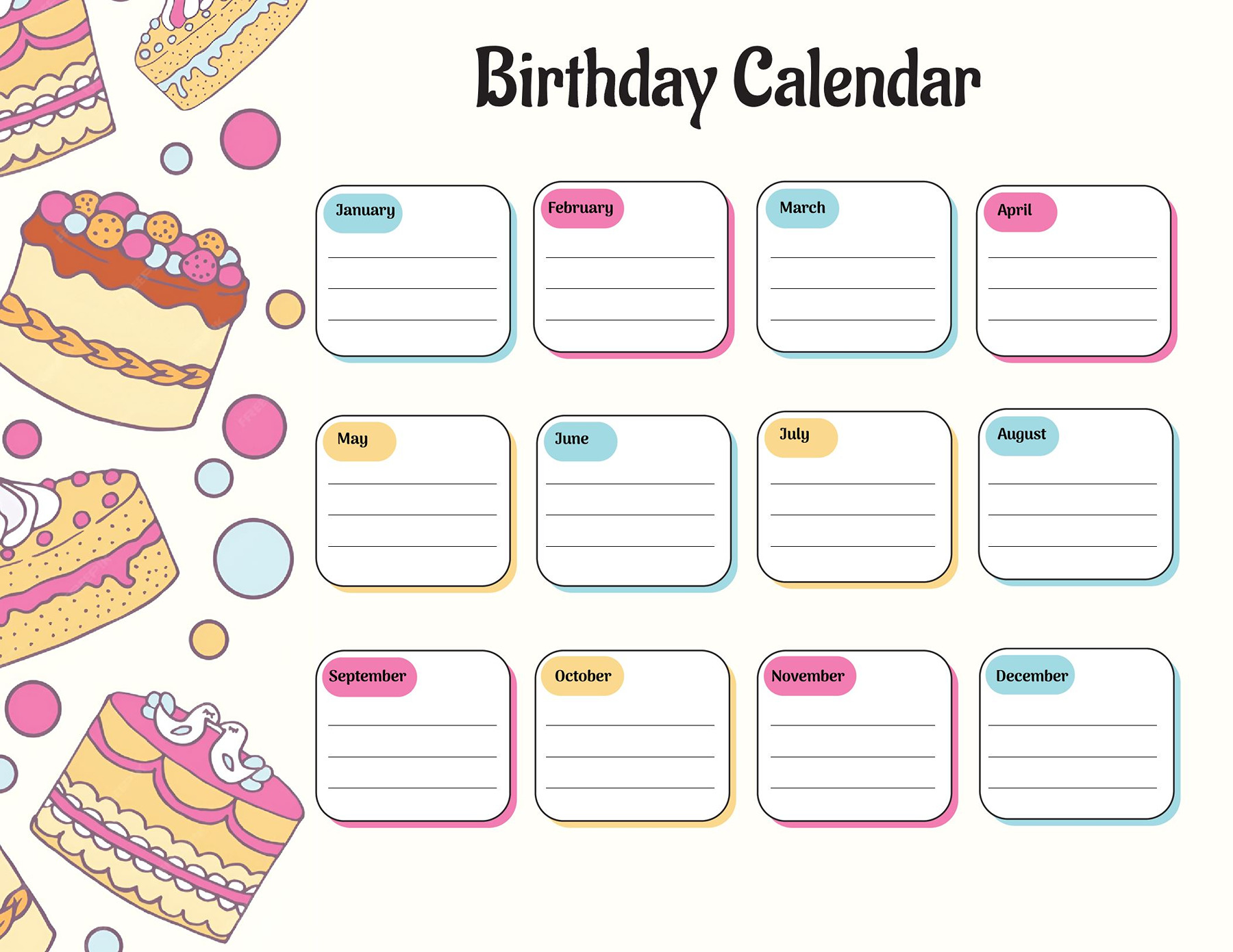 Personalized birthday calendar in Microsoft Word for home or office use