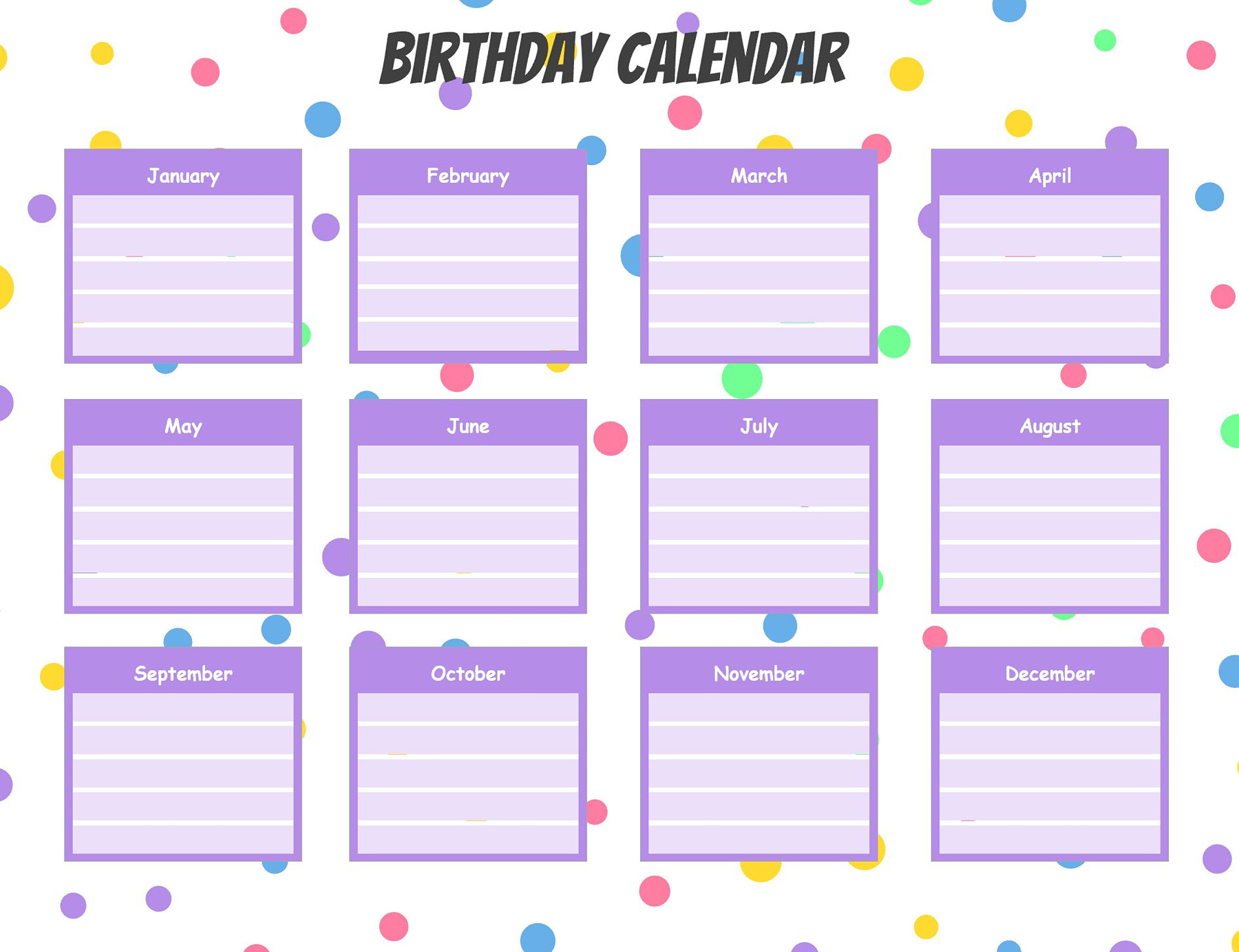 Organize birthdays monthly using this Word calendar template
