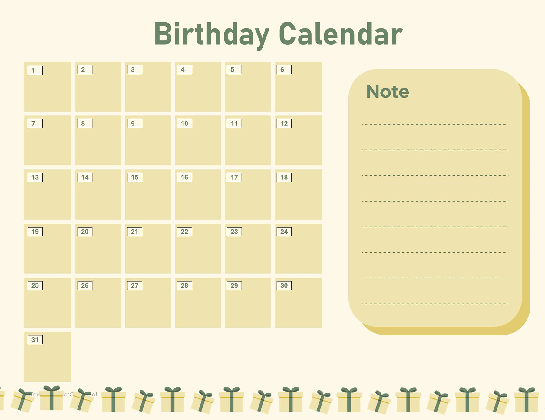 Free birthday reminder calendar template in Word