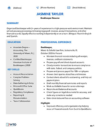 Free Bookkeeper Resume Template for Word and PDF