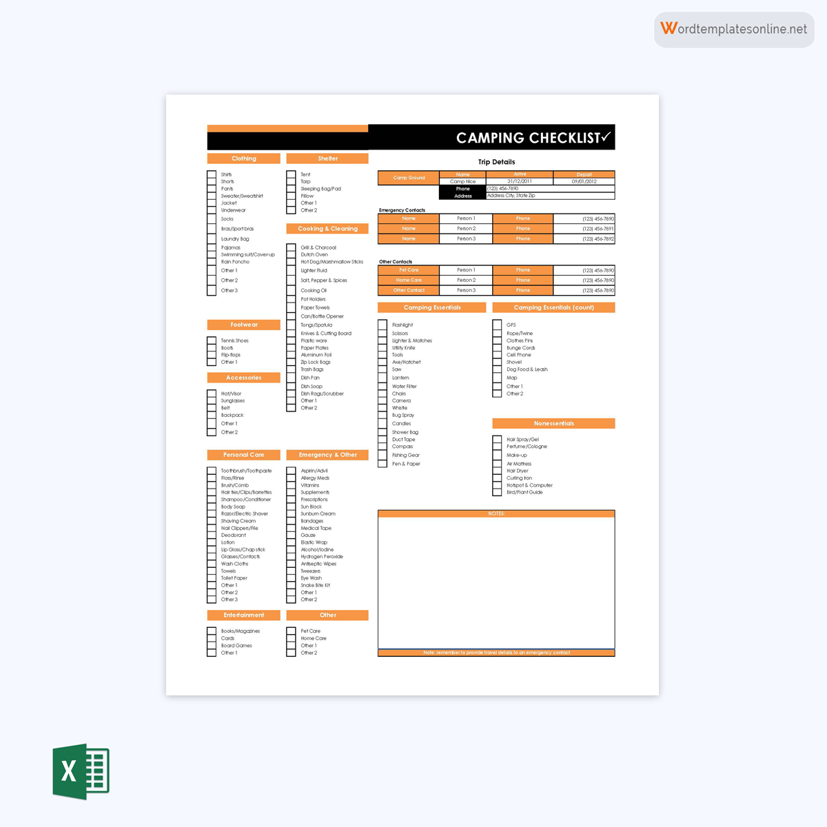 Free Camping Checklist Template for Word and Excel