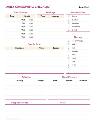 Caregiver Schedule / Daily Checklist Template for Word and PDF