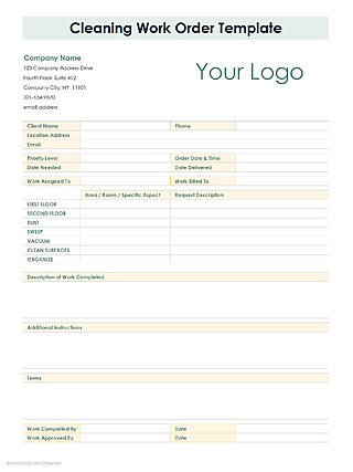 Printable Cleaning Work Order Template in Excel