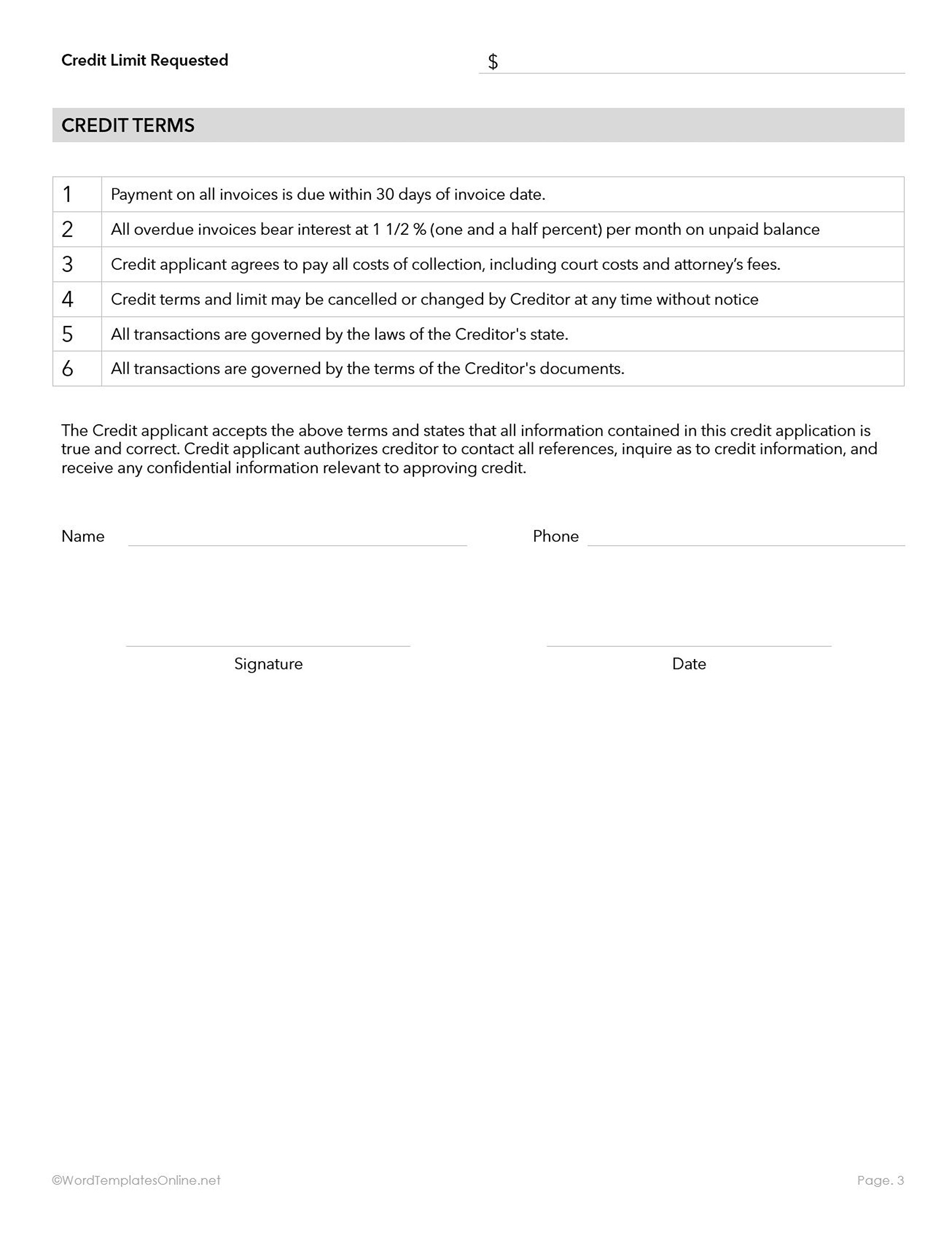Small business credit form Word format