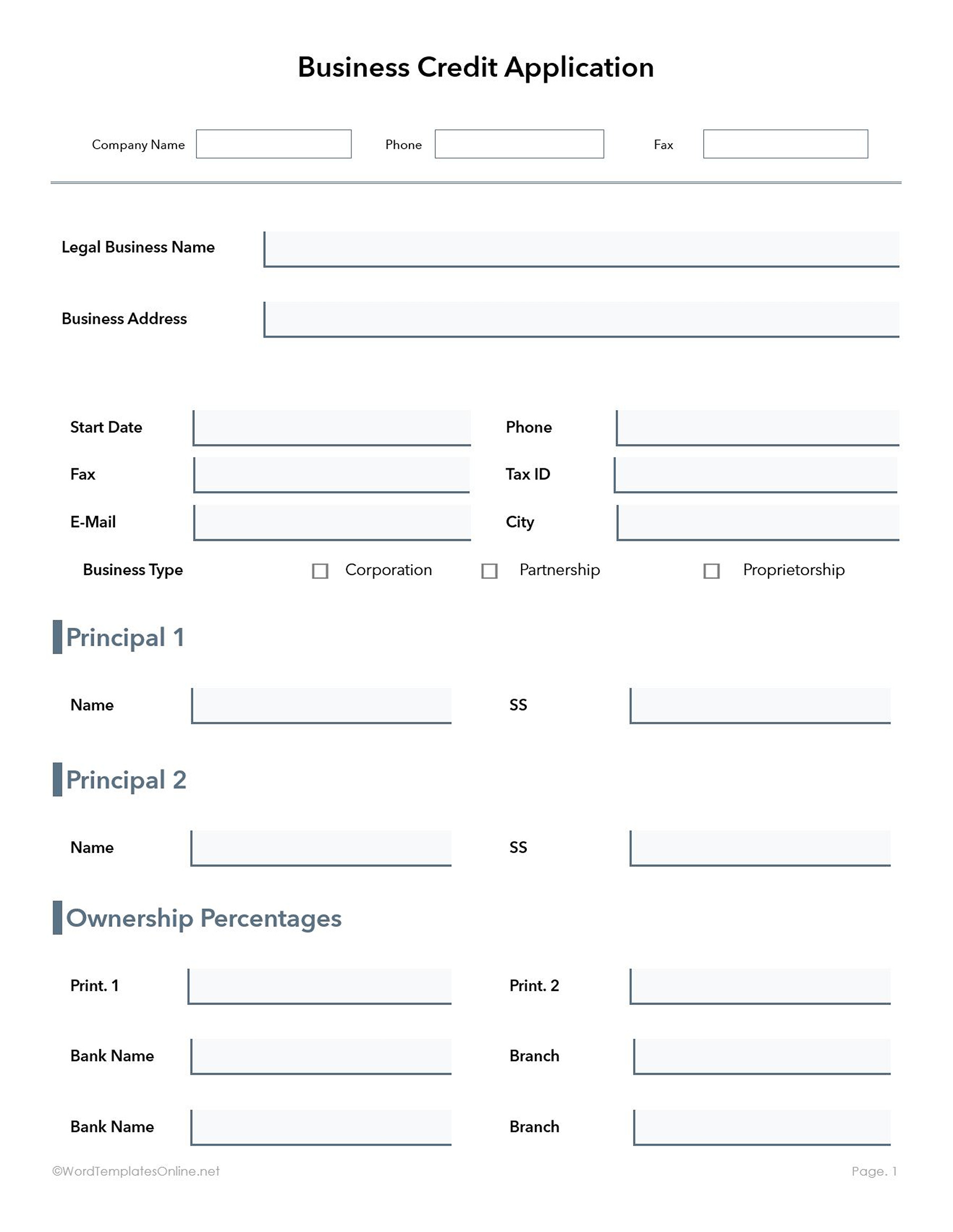 Word Format business Credit Form Free Template