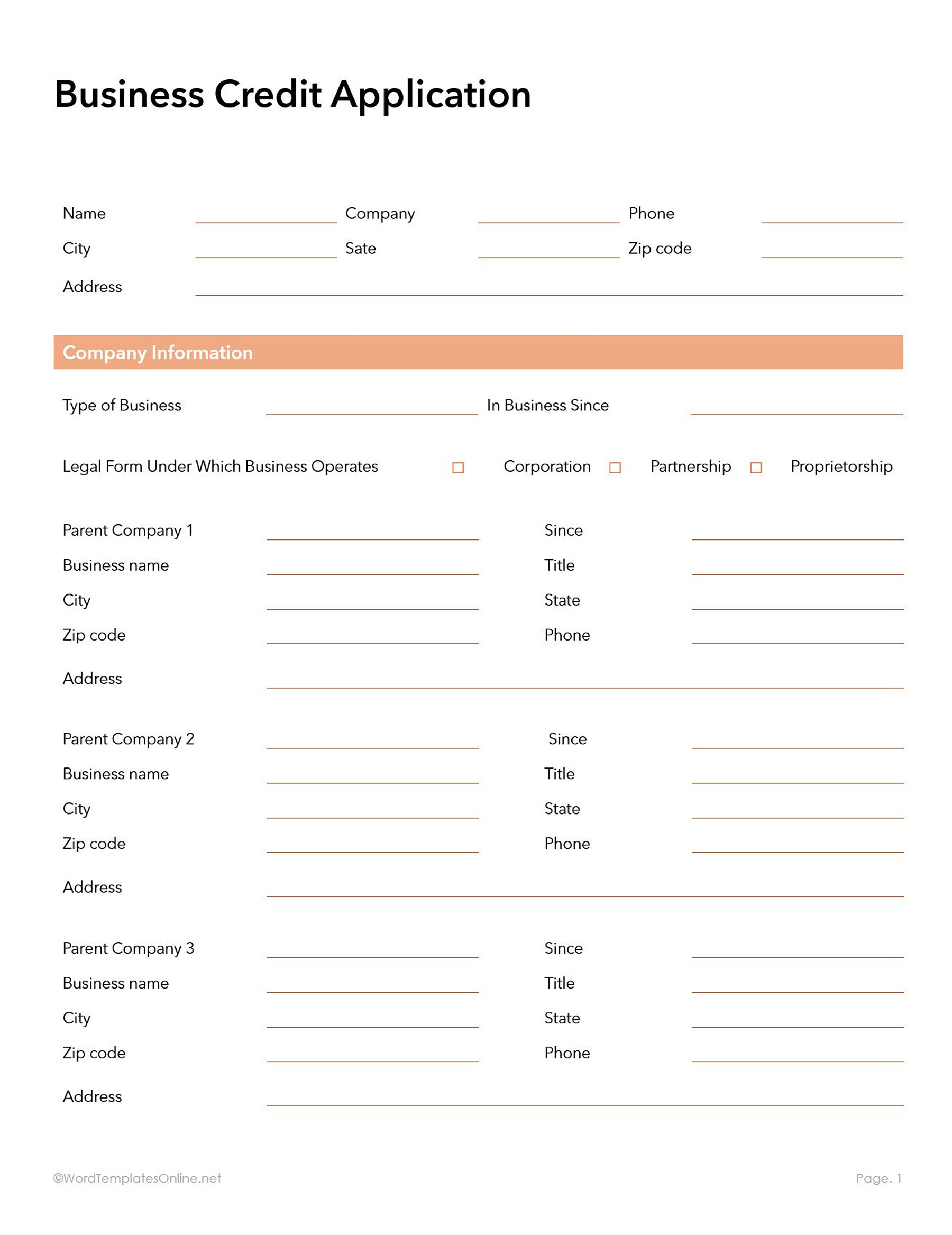 Business loan and credit form template in Word format
