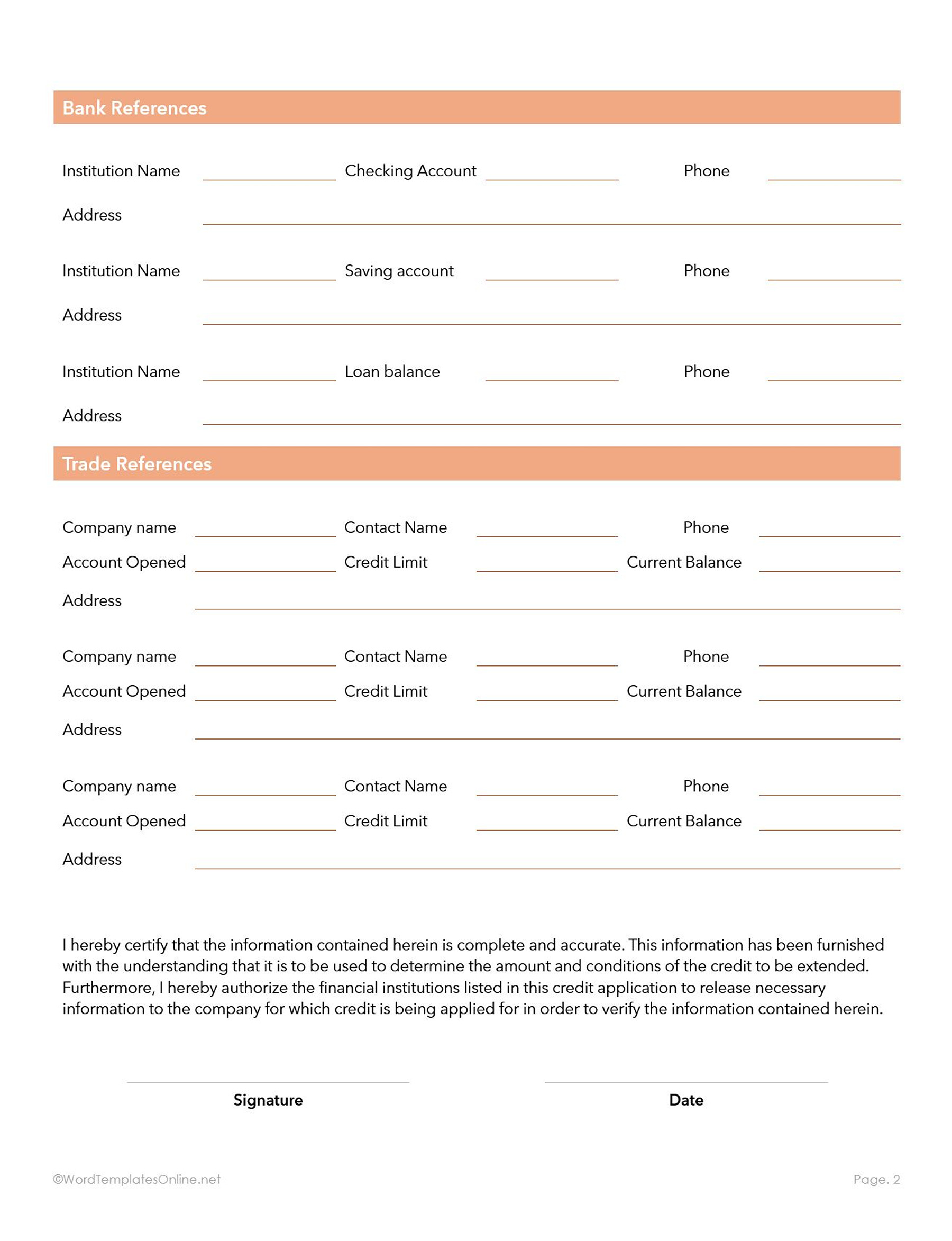 Printable business Credit Application DOC Template for Free