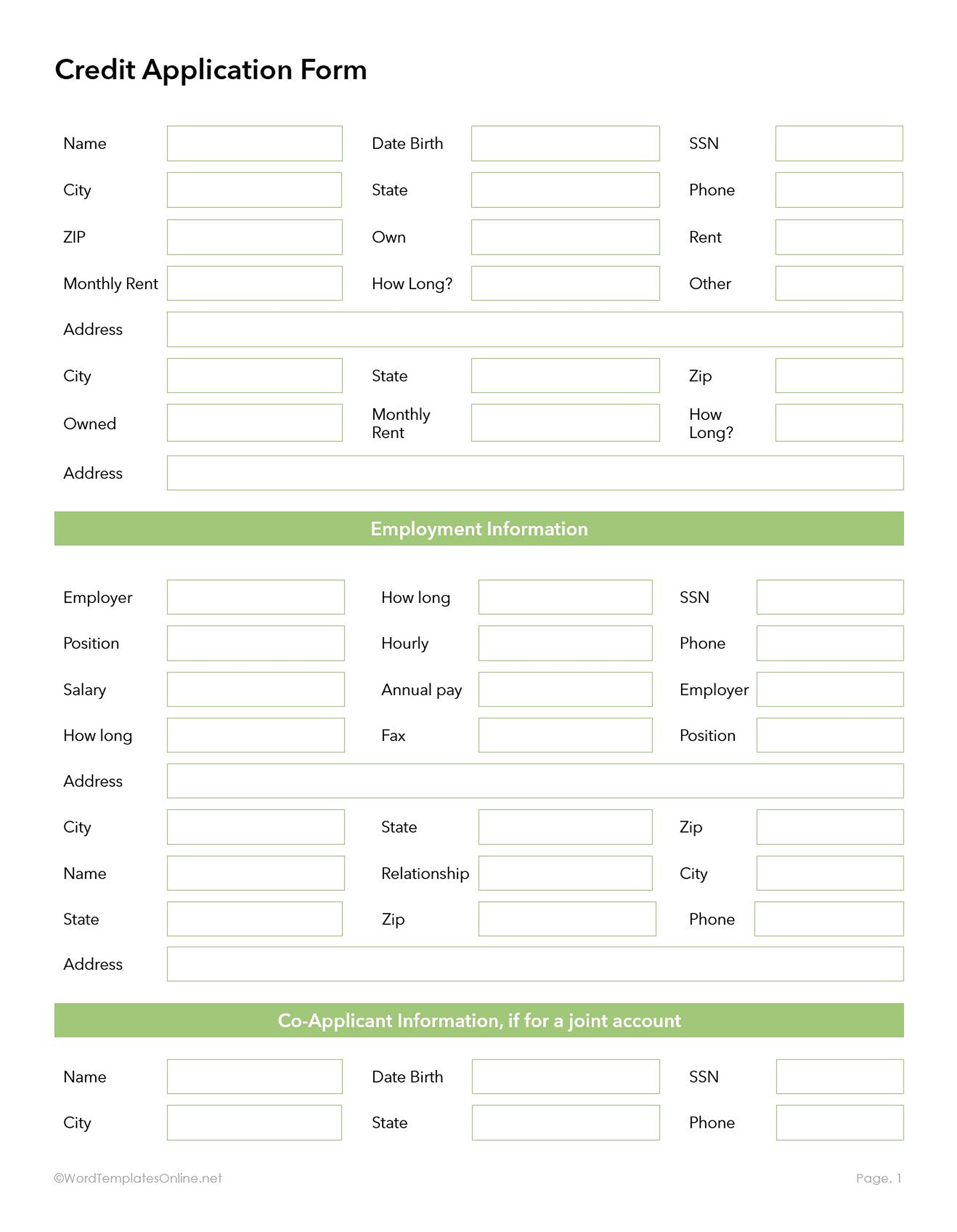 Free Credit Application Form in MS Word Format