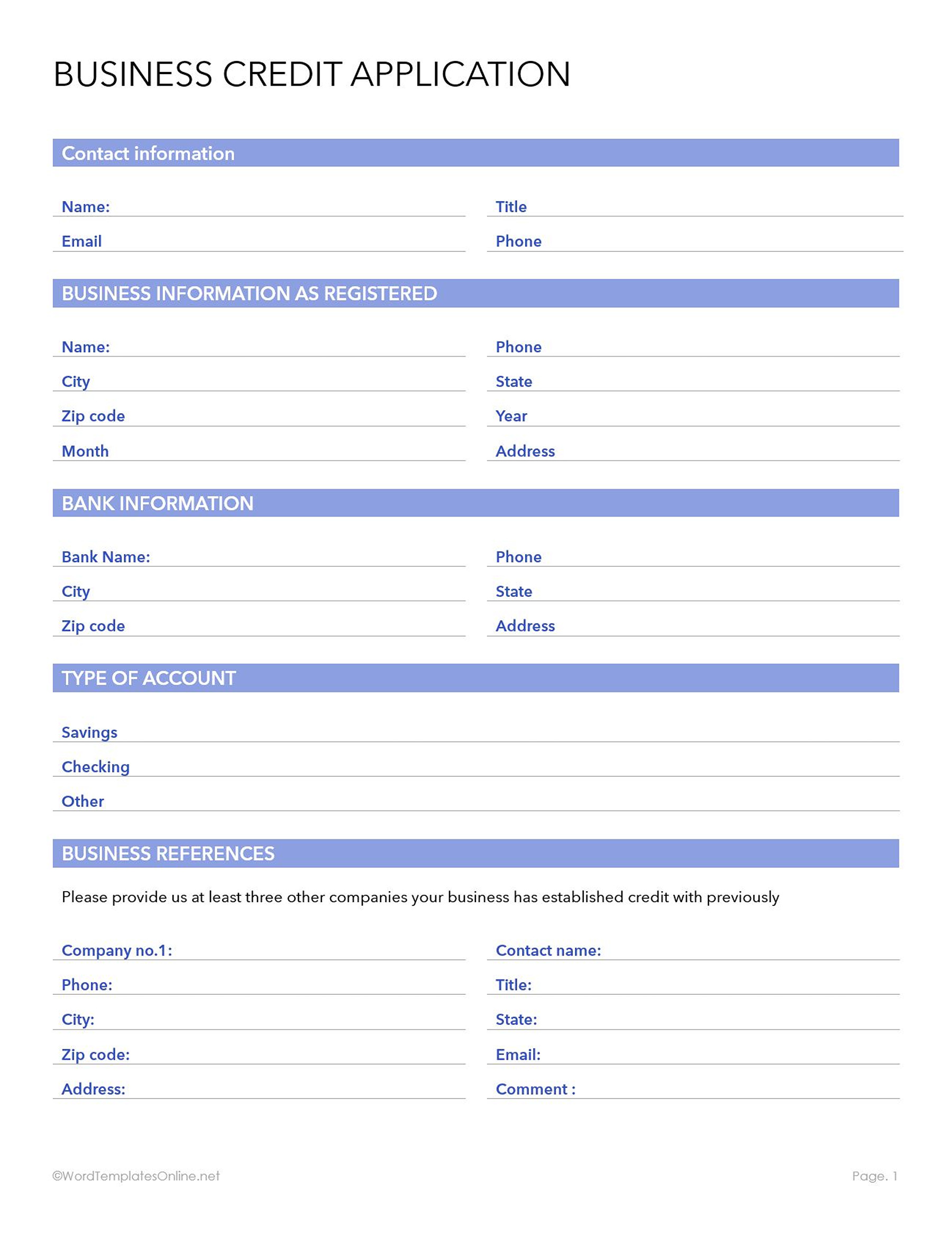 Business Credit Application Form Downloadable Word