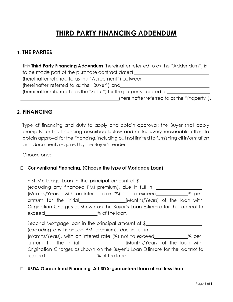 Free Third Party Financing Addendum Template for Word and PDF