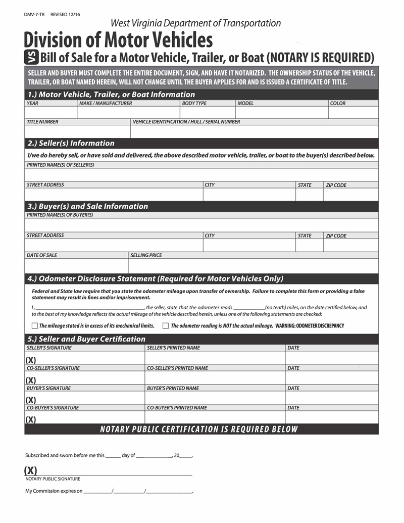 Free West Virginia Vehicle/Boat Bill of Sale Template for Word