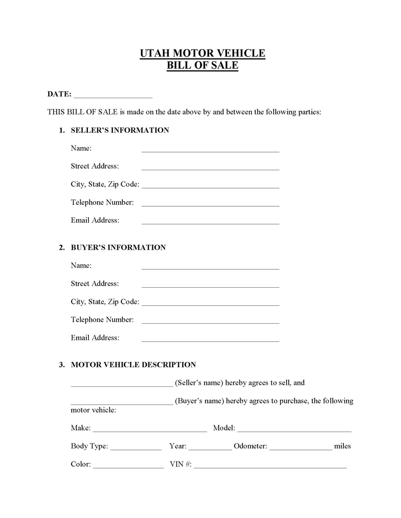 Free Utah Vehicle Bill of Sale Form Template for Word and PDF