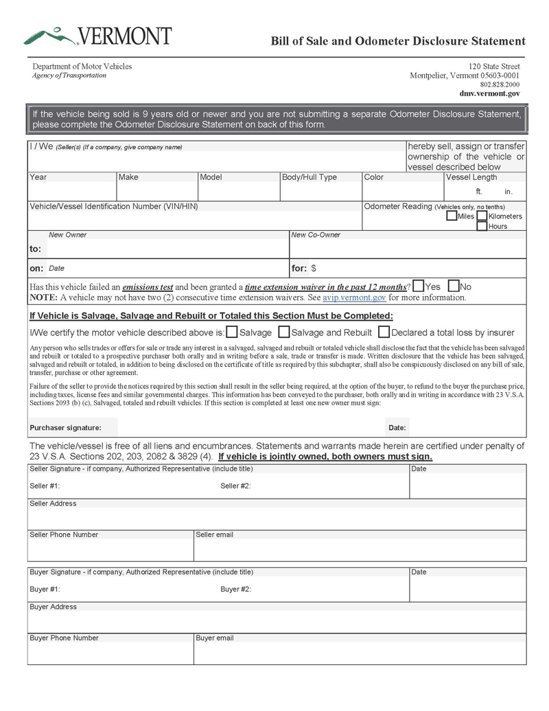Free Vermont Vehicle Bill of Sale Template for Word and PDF