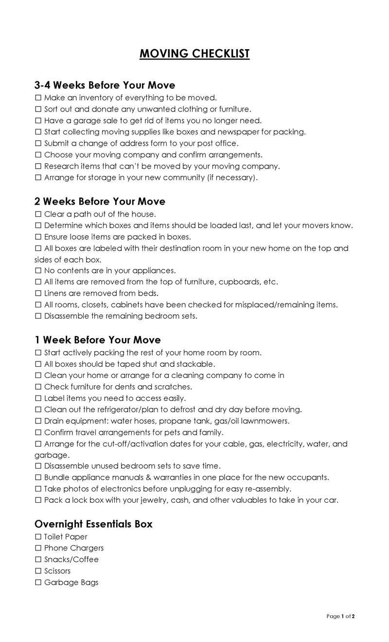 Free House Moving Checklist Template for Word and PDF